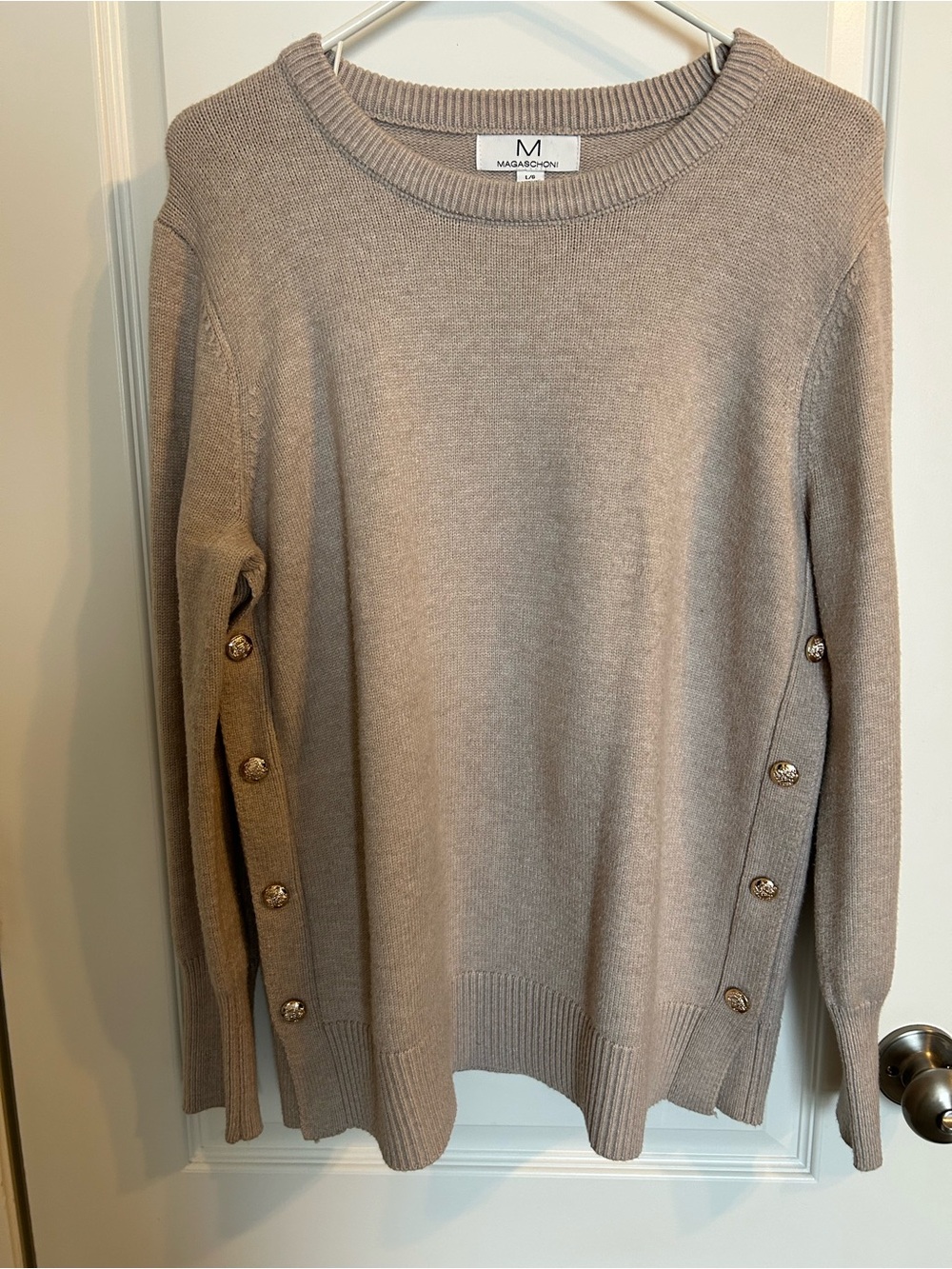 Magaschoni Beige Taupe Crewneck Sweater with Side Button Detail